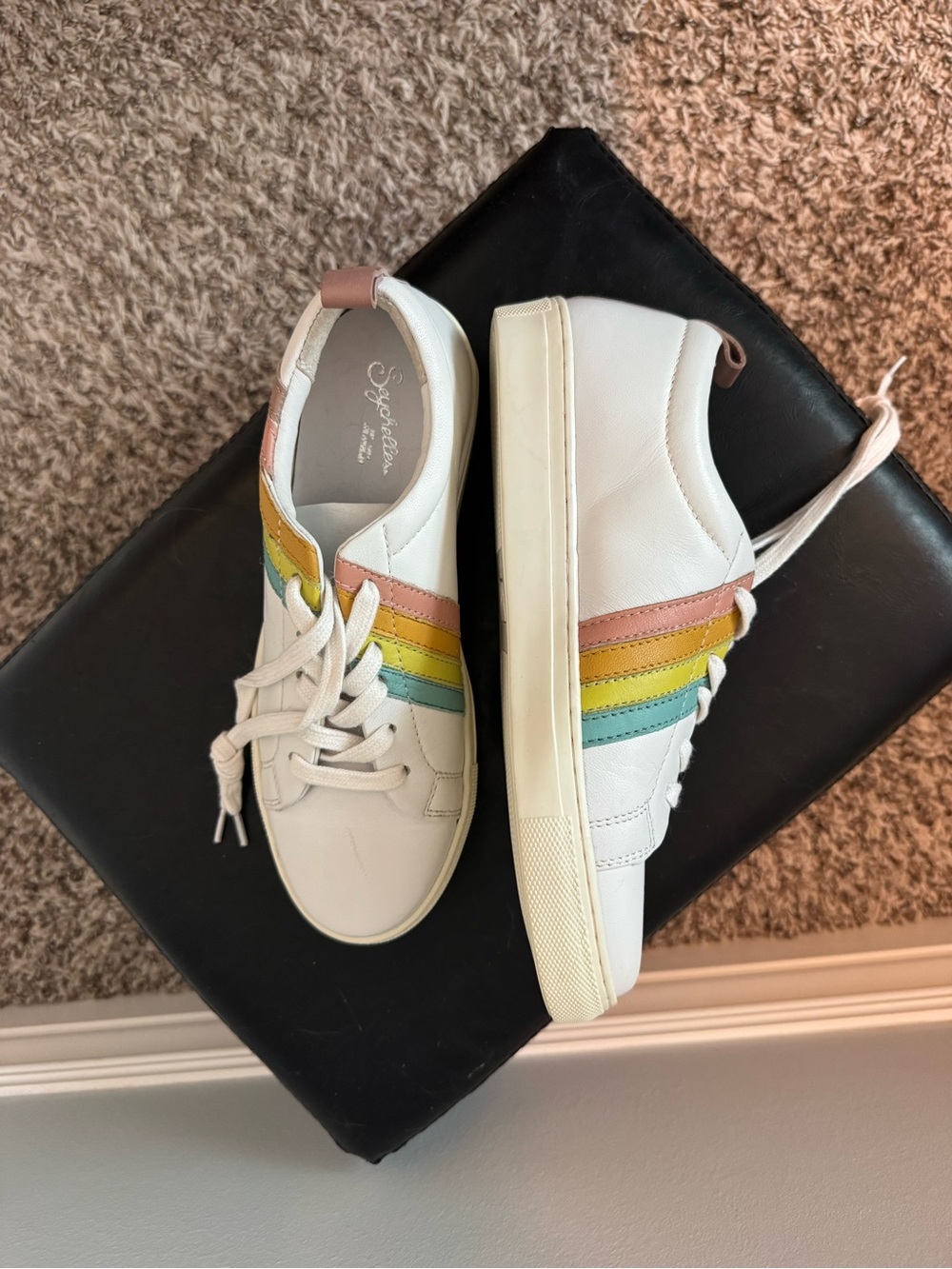 Seychelles White Leather Sneakers with Pink, Yellow & Teal Stripes